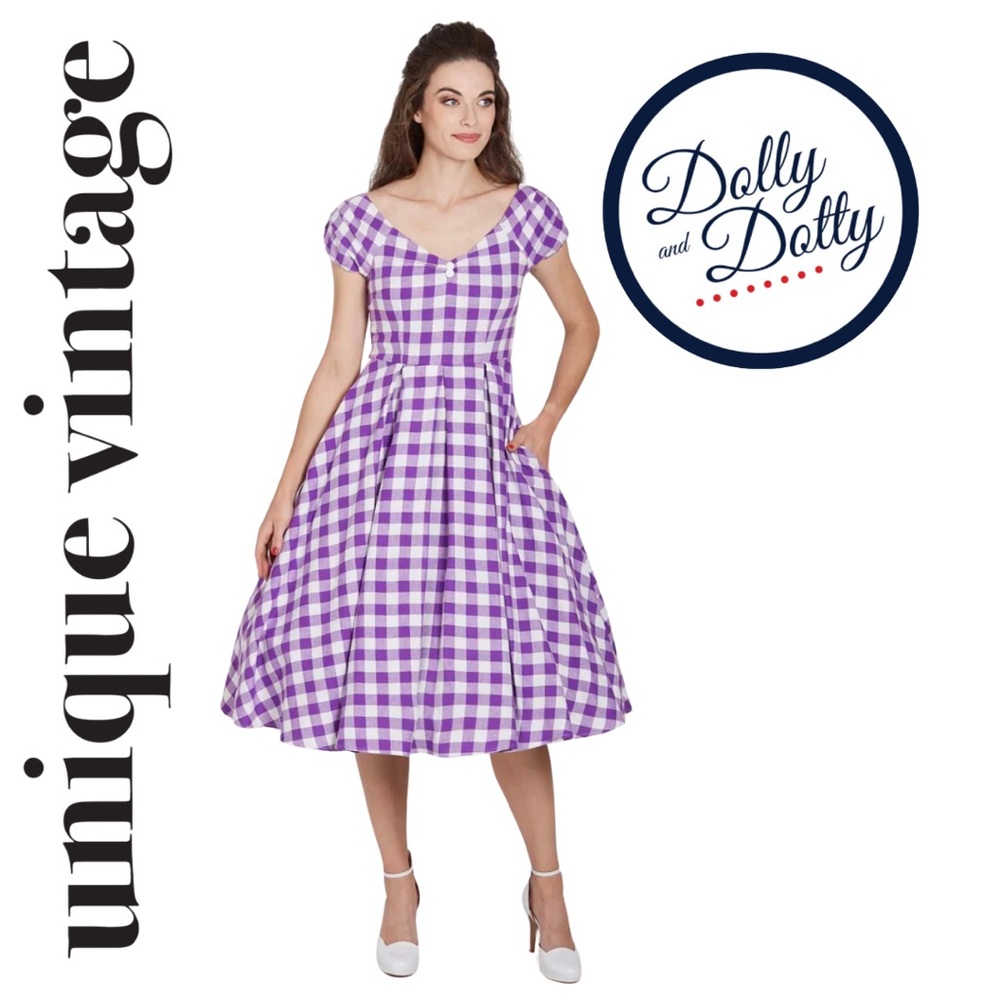 Unique Vintage Dolly & Dotty Lily Off Shoulder Purple Gingham Dress, NWT!